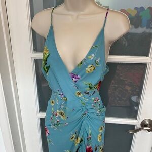 Astr Blue Ruched Midi Dress Plunge Neckline